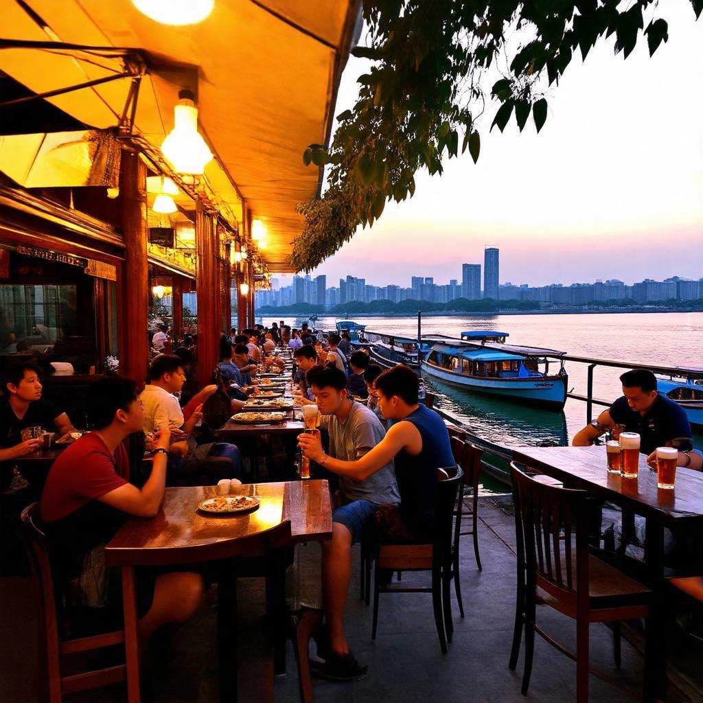 Khung cảnh Hồ Tây nhìn từ Bia Hải Hội Trích Sài, thoáng đãng, lãng mạn buổi chiều hoàng hôn.